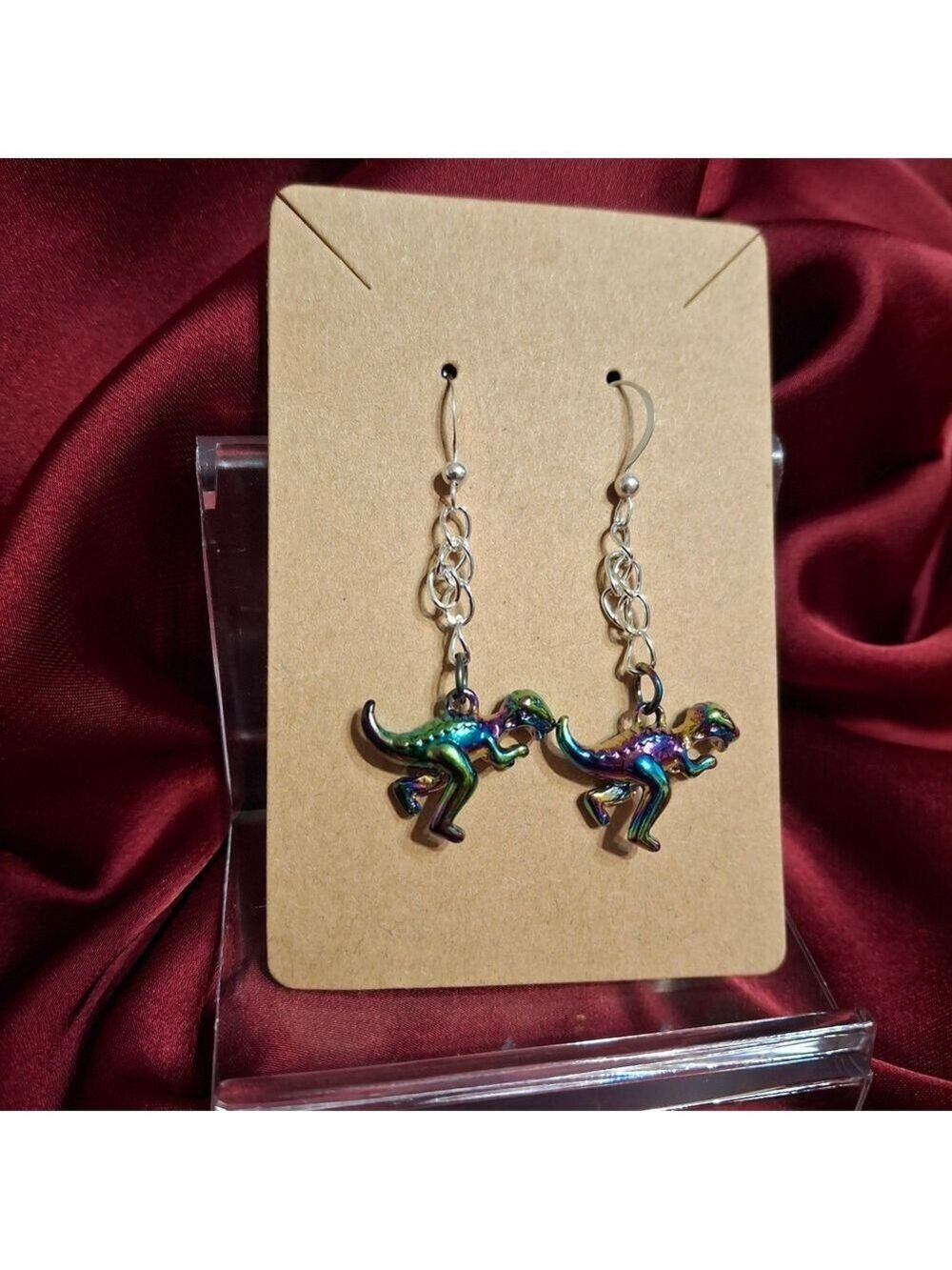 Iridescent Dinosaur Earrings Handcrafted Sterling Silver Wires New